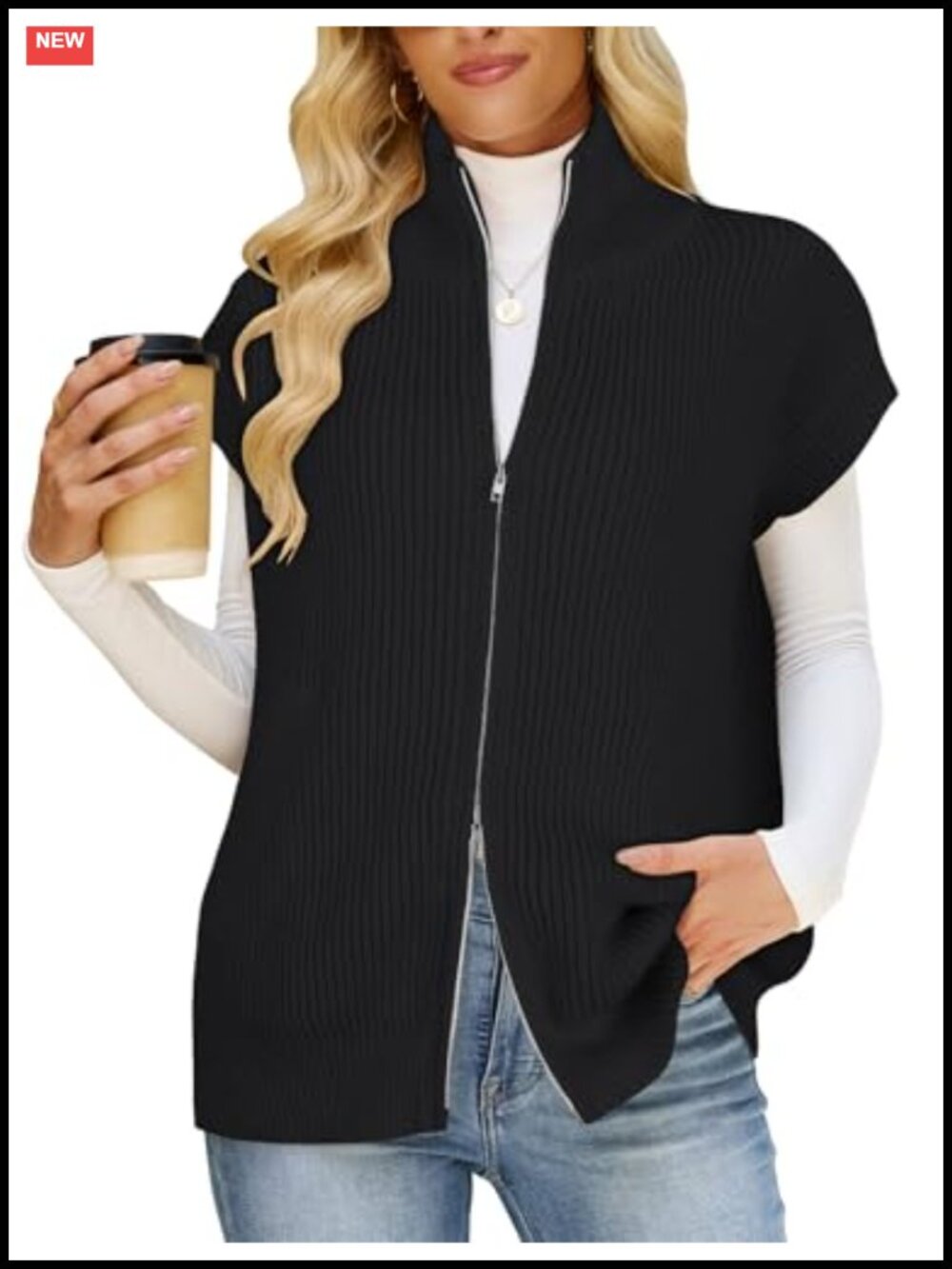 Women's Zipper Cap Sleeve Knit Sweater Vest with Pockets Polyester